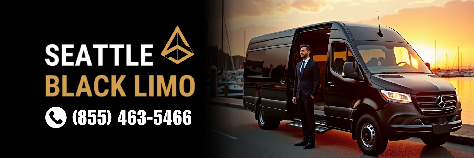 Luxury black limo parked by Gig Harbor marina for Seattle Black Limo service
