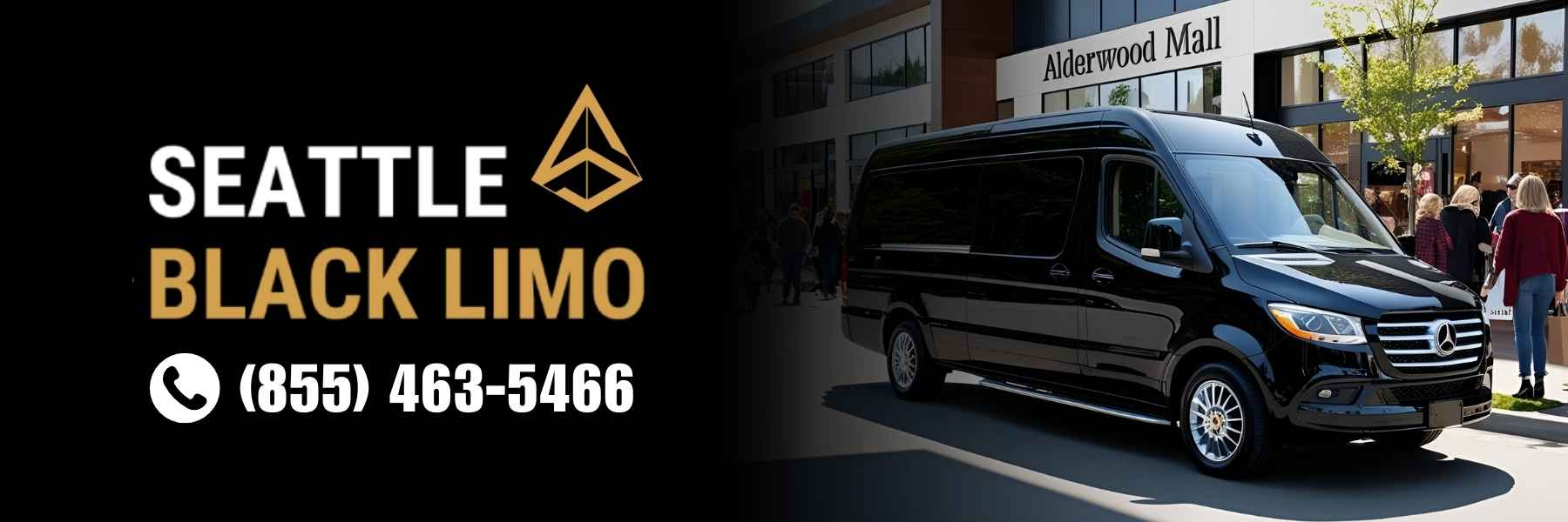 Luxury black limousine parked outside Alderwood Mall in Lynnwood, WA