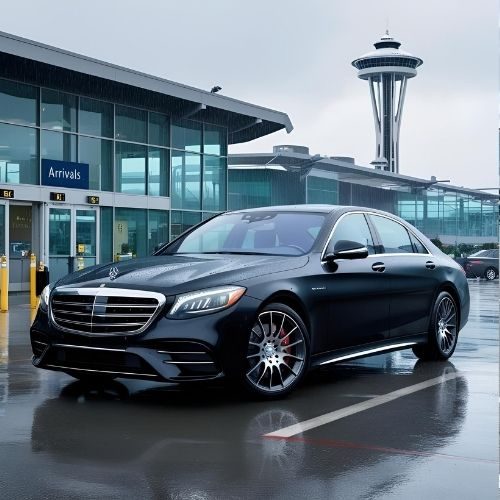 black mercedes s-class at the seattle airport