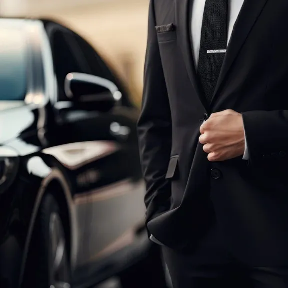 A chauffeur is standing next to a luxury black car, with one hand in his pocket.