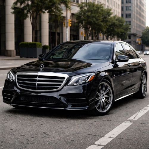 Black Mercedes-Benz S-Class luxury sedan parked on a city street.