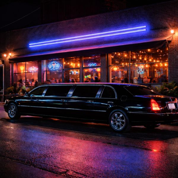 Black limousine parked outside a bar at night in Seattle. Black limousine parked outside a bar at night in Seattle.