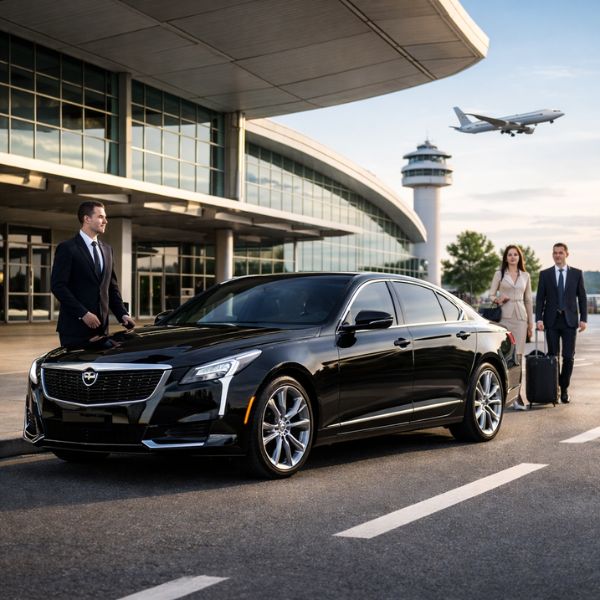 Black luxury sedan airport transfer with chauffeur waiting curbside Black luxury sedan airport transfer with chauffeur waiting curbside