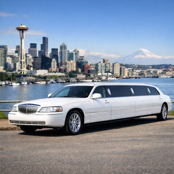 Black town car with Seattle skyline and waterfront in background