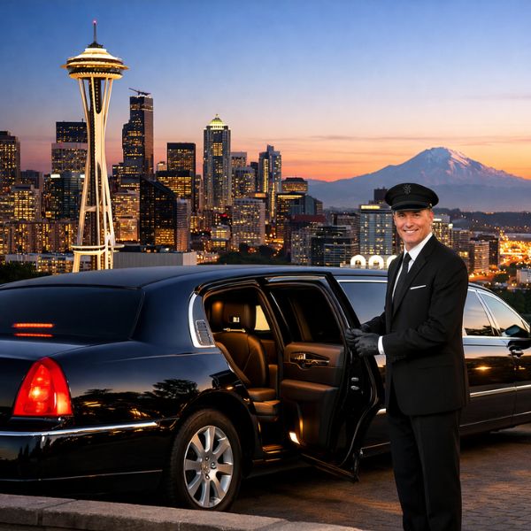 Chauffeur-driven black limousine in Seattle
