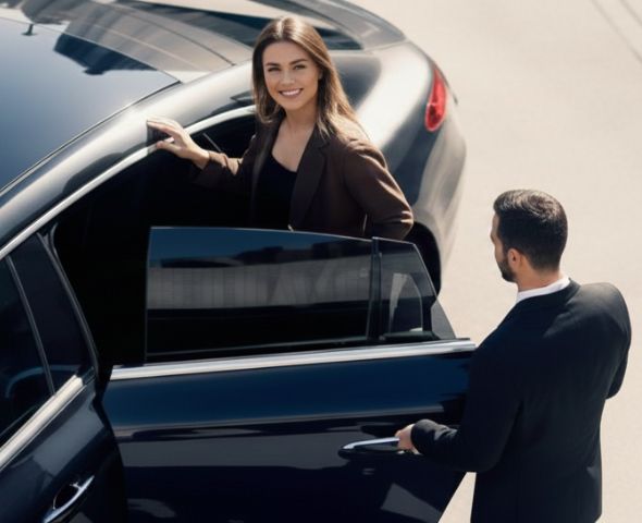 Chauffeur opening car door as passenger enters luxury sedan