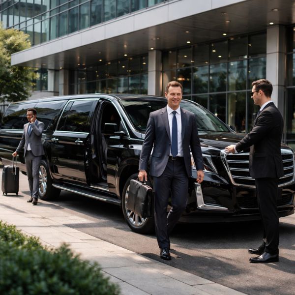 Corporate limousine with professional chauffeur outside office building Corporate limousine with professional chauffeur outside office building