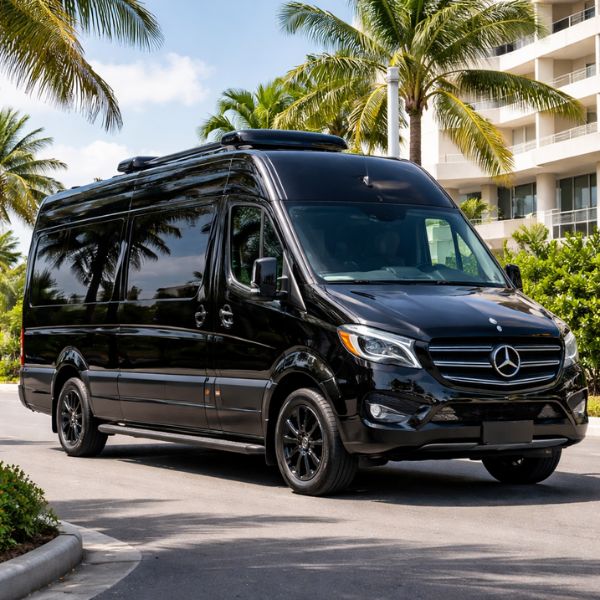 Luxury black 14 passenger Sprinter van for group travel.