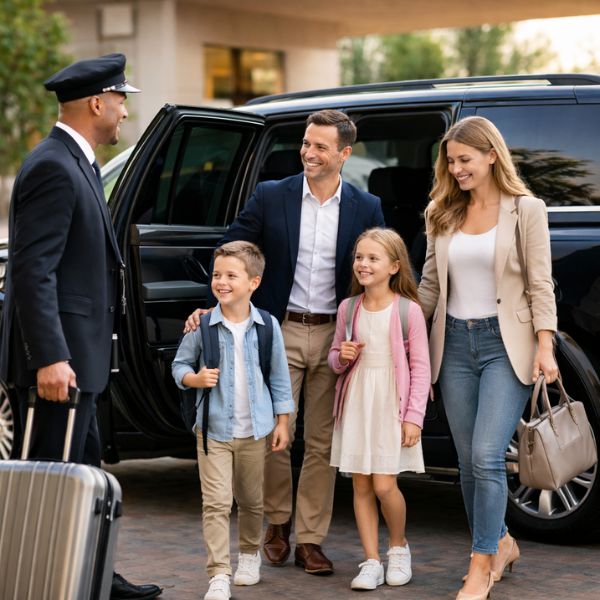 Luxury black car service with a family arriving comfortably at their destination.