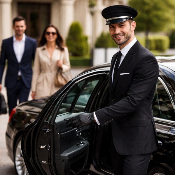 Professional chauffeur opening the door of a luxury black sedan for passengers.