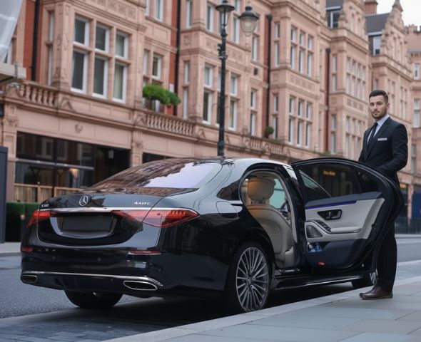 Professional chauffeur standing by open door of luxury sedan on city street.
