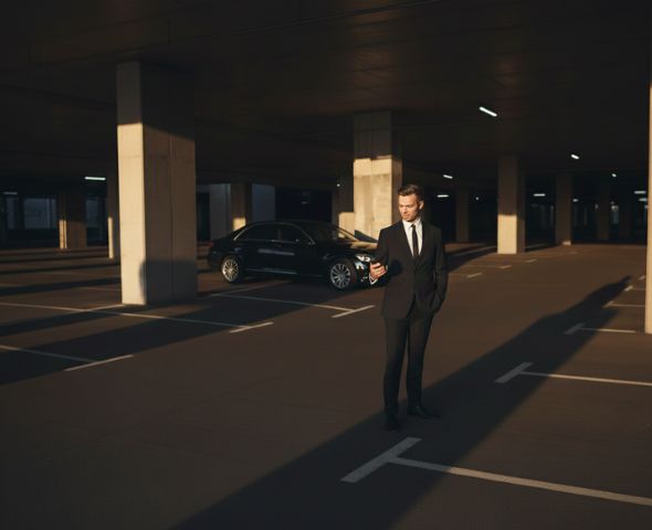 Professional chauffeur standing near luxury car in covered parking area