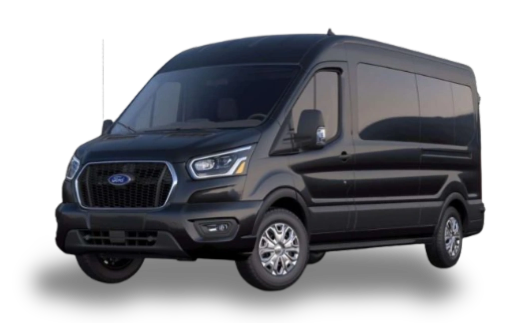 A black Ford Transit passenger van shown from a front-side angle against a white background.