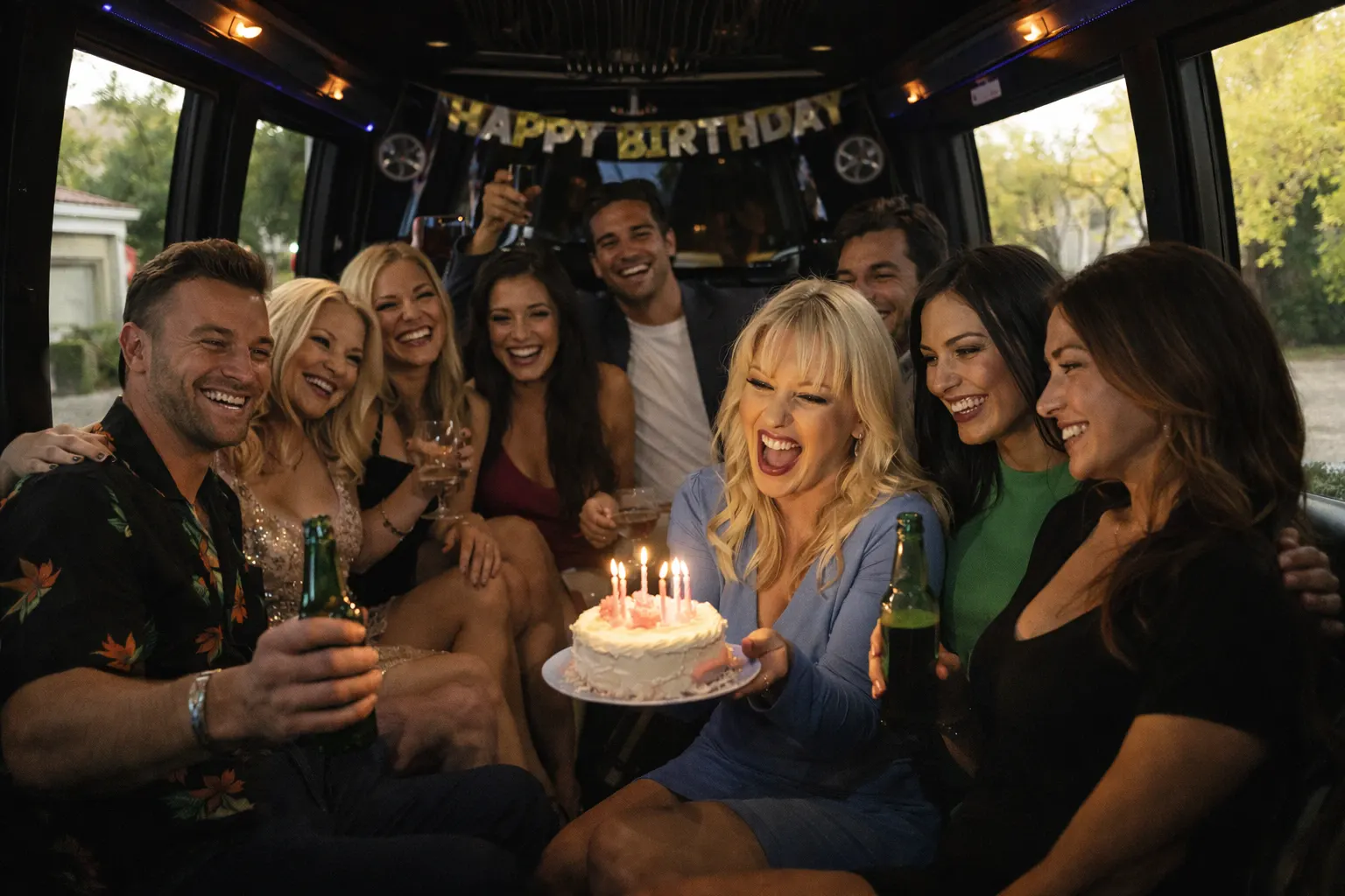A group of friends laughing and celebrating with a birthday cake and drinks inside a moving limousine.