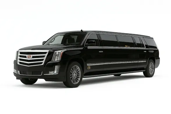 A studio shot of a black Cadillac Escalade stretch limousine against a plain white background.