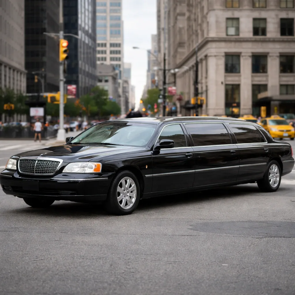 A black stretch limousine driving through a busy metropolitan intersection surrounded by tall buildings.