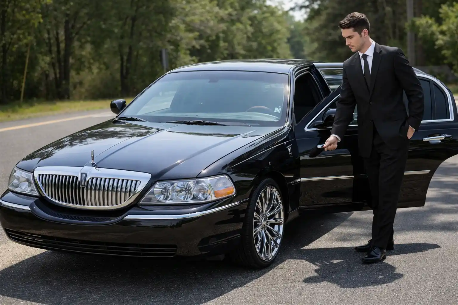 Young professional chauffeur in a tailored black suit opening the rear door of a black Lincoln Town Car on a quiet road.