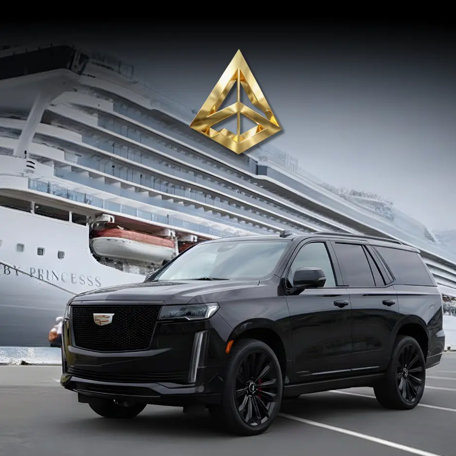 A black Cadillac Escalade luxury SUV parked at the Seattle cruise terminal in front of a large Princess Cruises ship