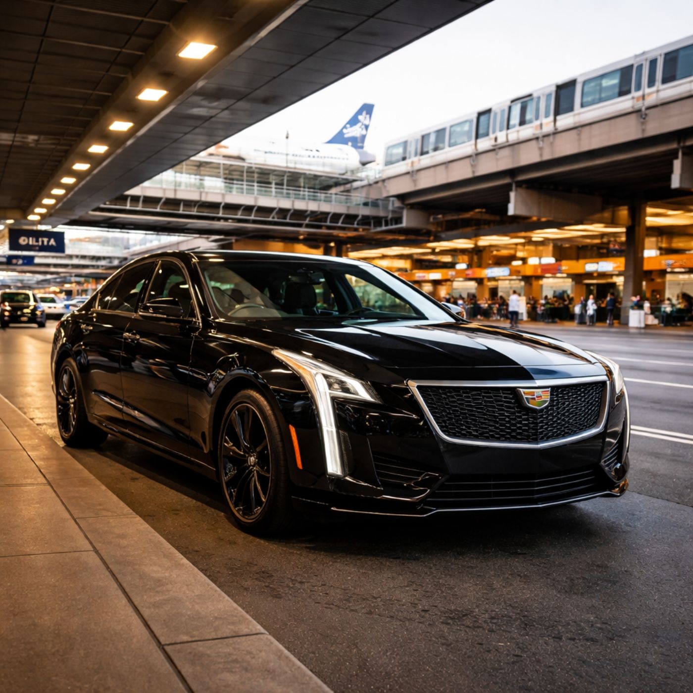 Black luxury sedan at airport terminal pickup.