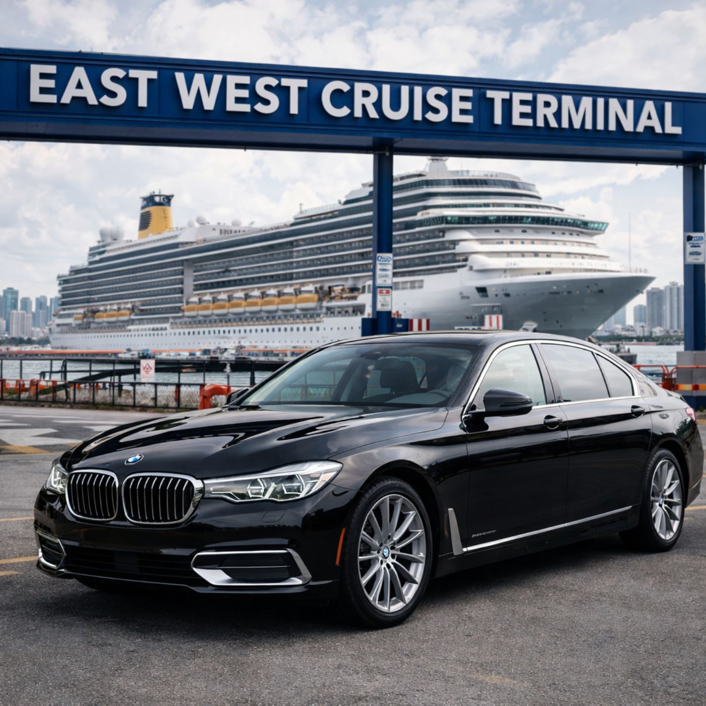 Black luxury sedan parked at East West Cruise Terminal with cruise ship in background