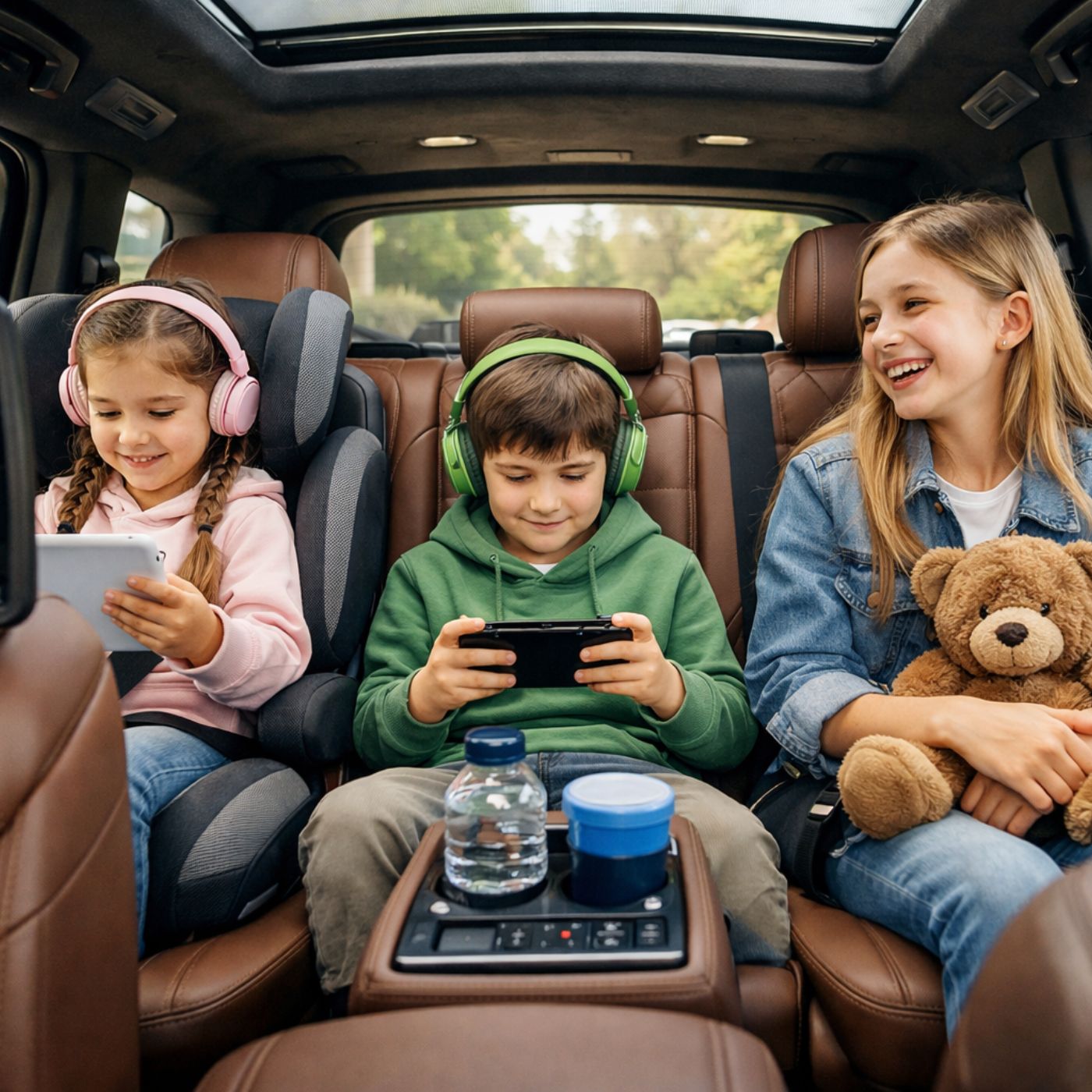 Children enjoying a ride inside a luxury SUV with leather seats and entertainment screens.