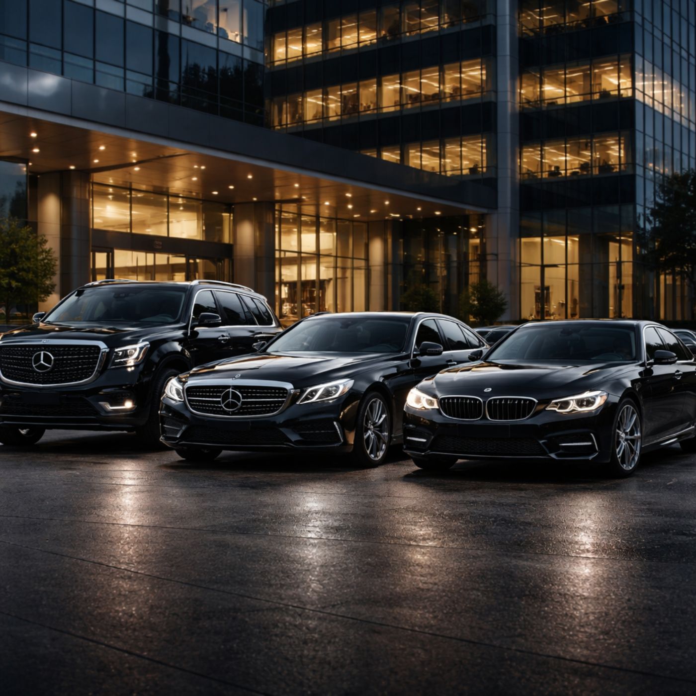 Executive black luxury sedan and SUV fleet parked outside a modern office building at night.
