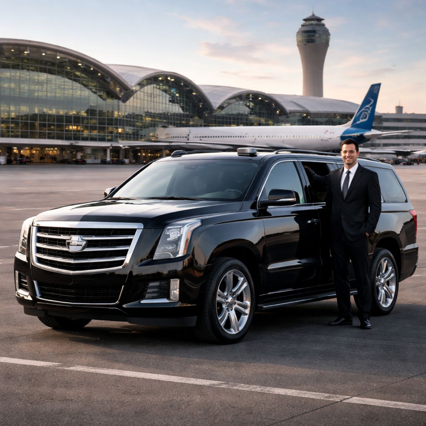 Luxury black SUV with chauffeur parked at Sea-Tac Airport terminal.