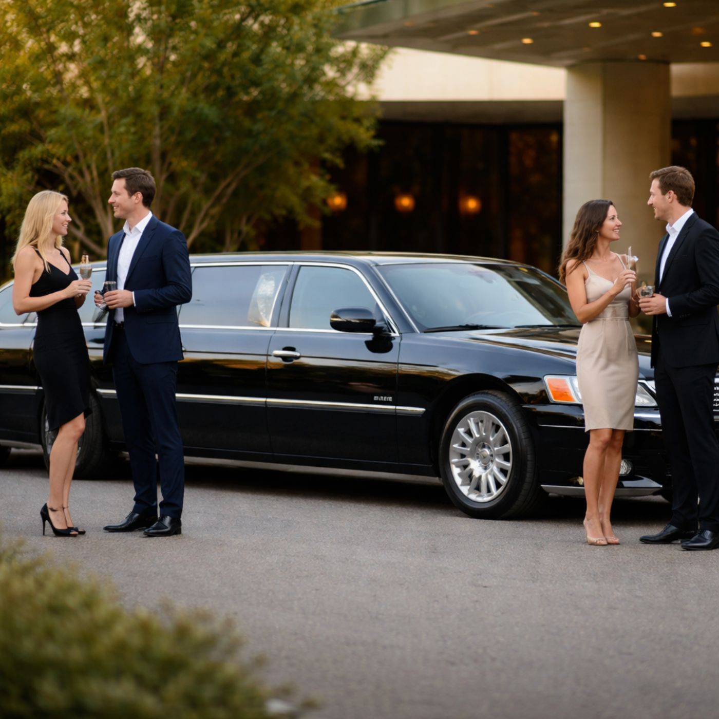 Luxury black limousine with two well-dressed couples chatting outside a hotel entrance.