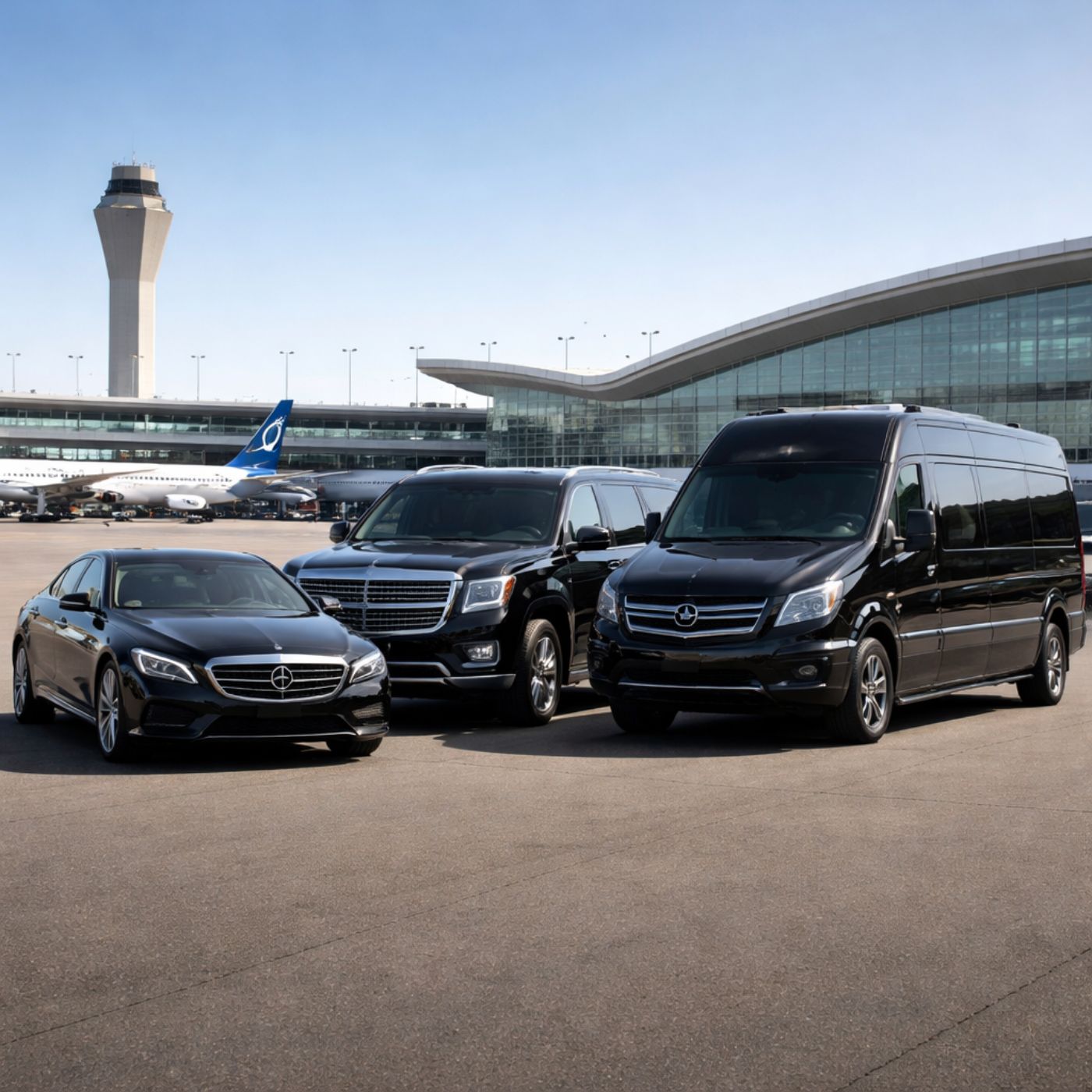 Luxury black sedan, executive SUV, and Sprinter van parked at Sea-Tac Airport.