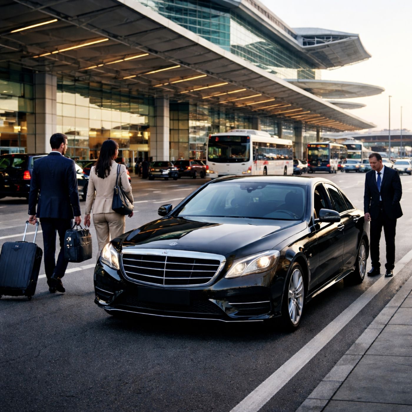 Luxury black sedan with chauffeur parked outside an airport terminal.