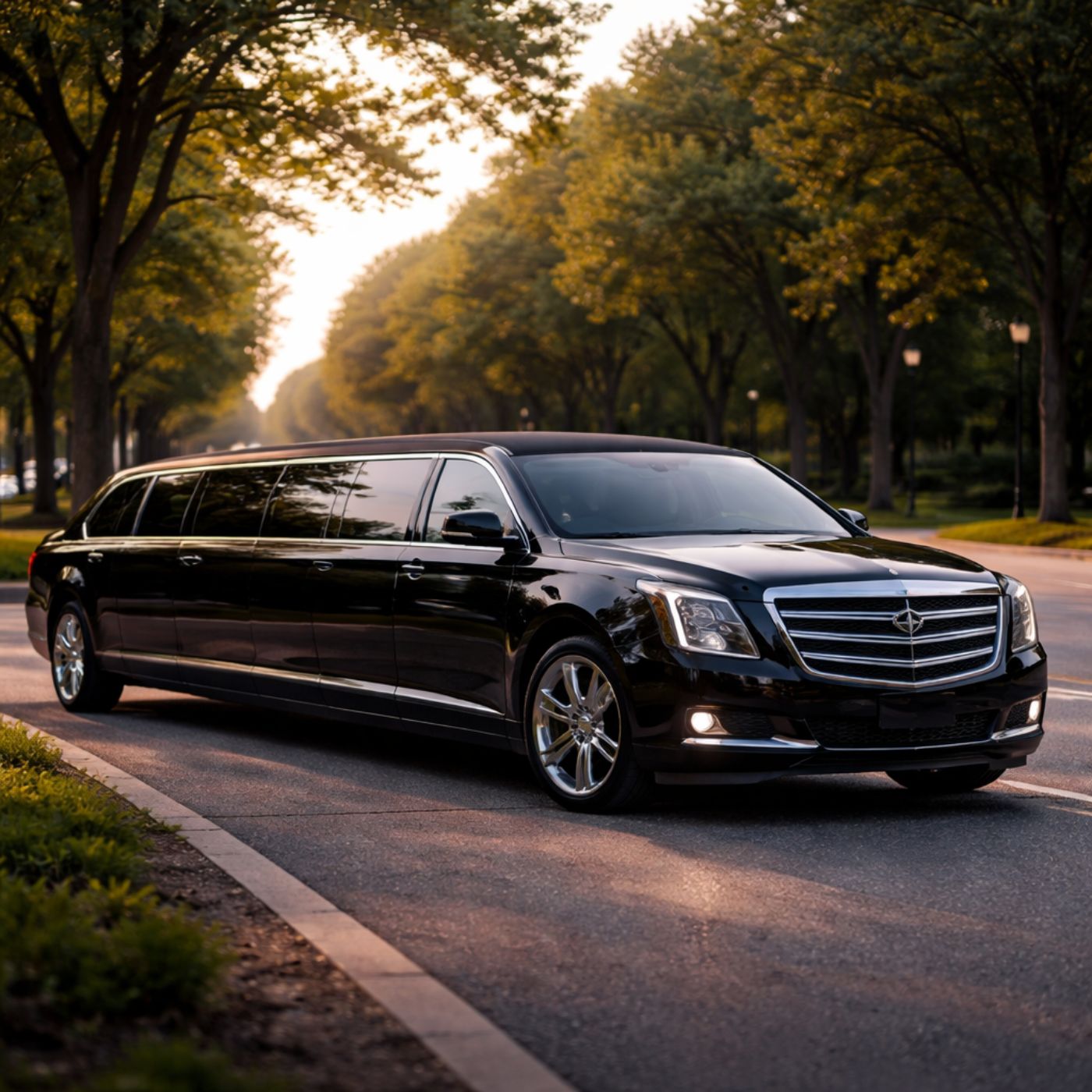 Luxury black stretch limousine parked on a tree-lined road at sunset. (1)