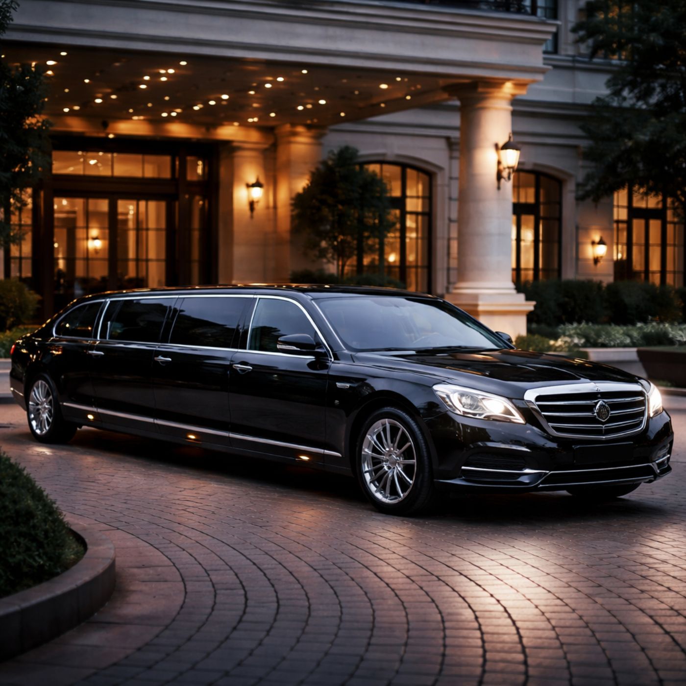 Luxury black stretch limousine parked outside a luxury hotel at night.