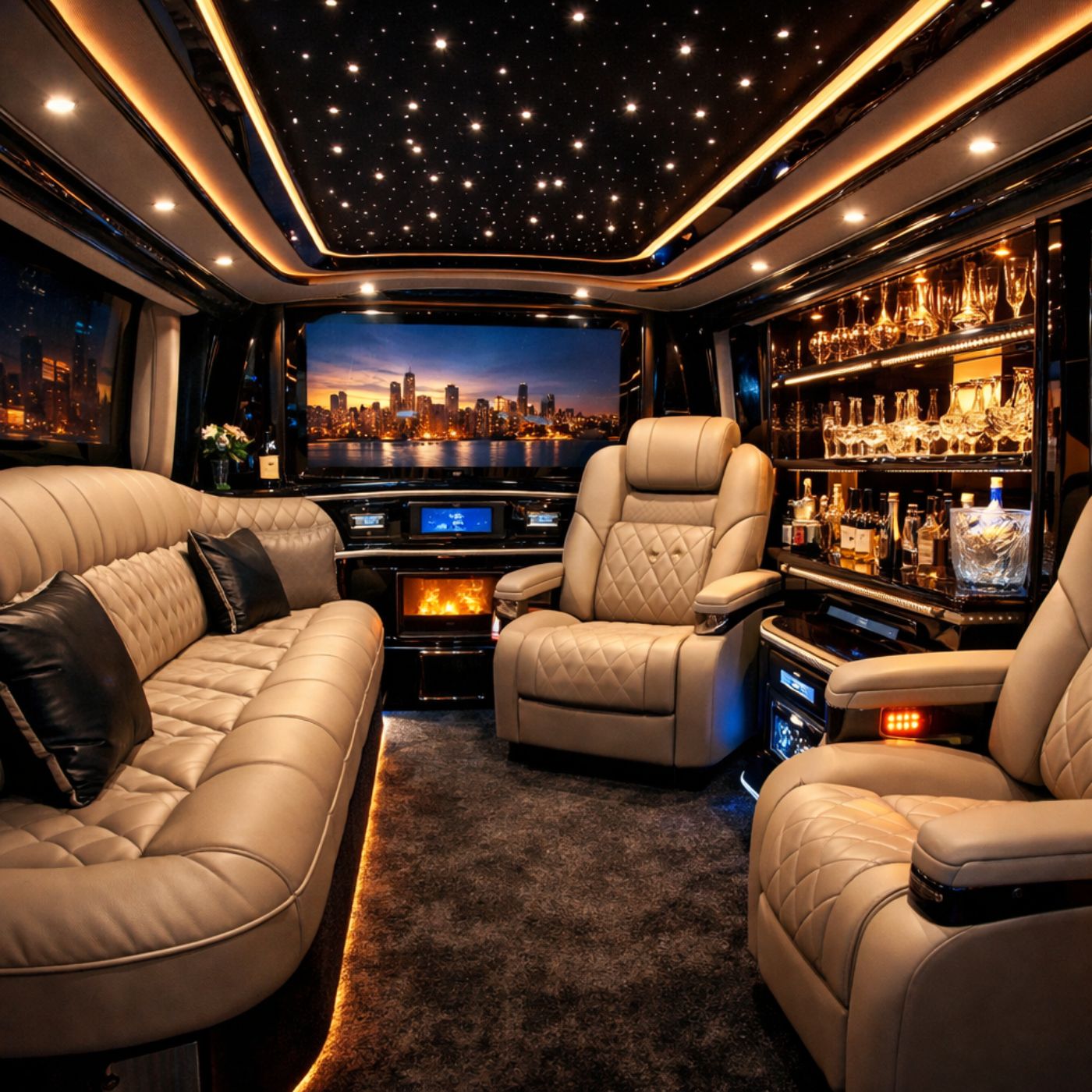 Luxury limousine interior with leather seating, LED lighting, and premium bar setup.