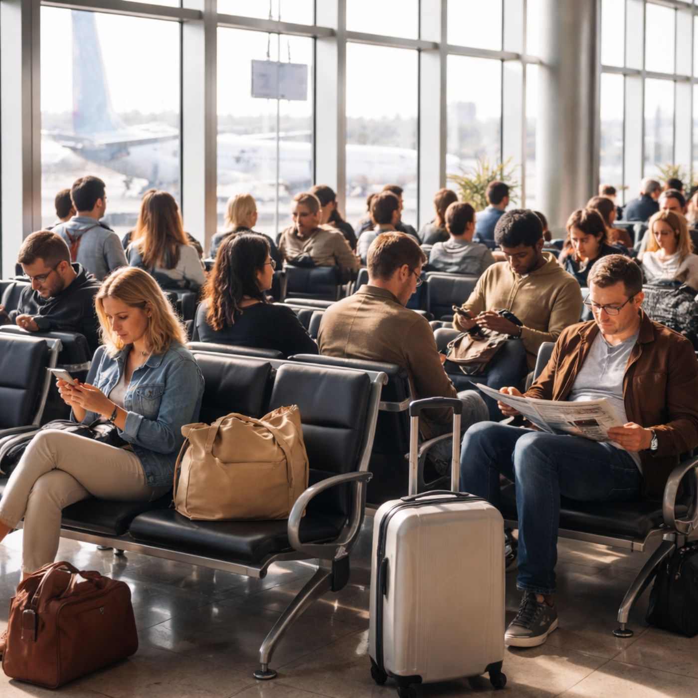 People sitting in an airport terminal waiting area, using phones and sitting beside luggage near large windows.