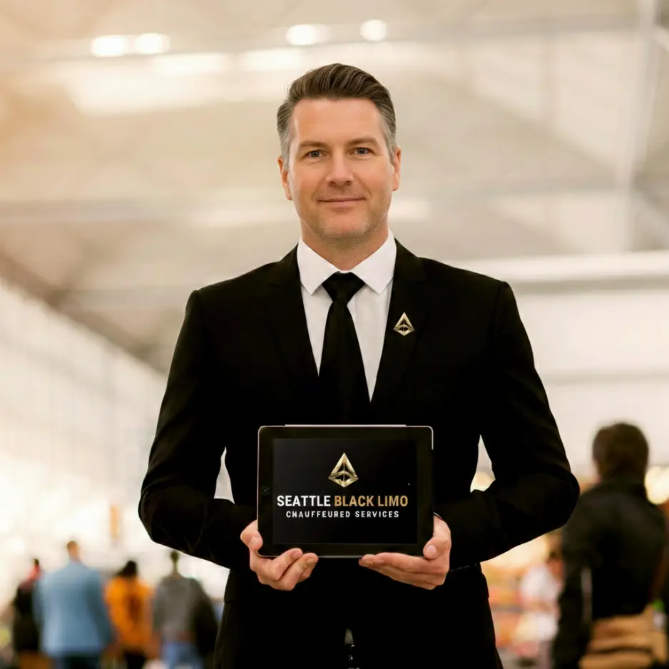Professional chauffeur in a black suit holding a tablet displaying Seattle Black Limo Chauffeured Services inside an airport terminal