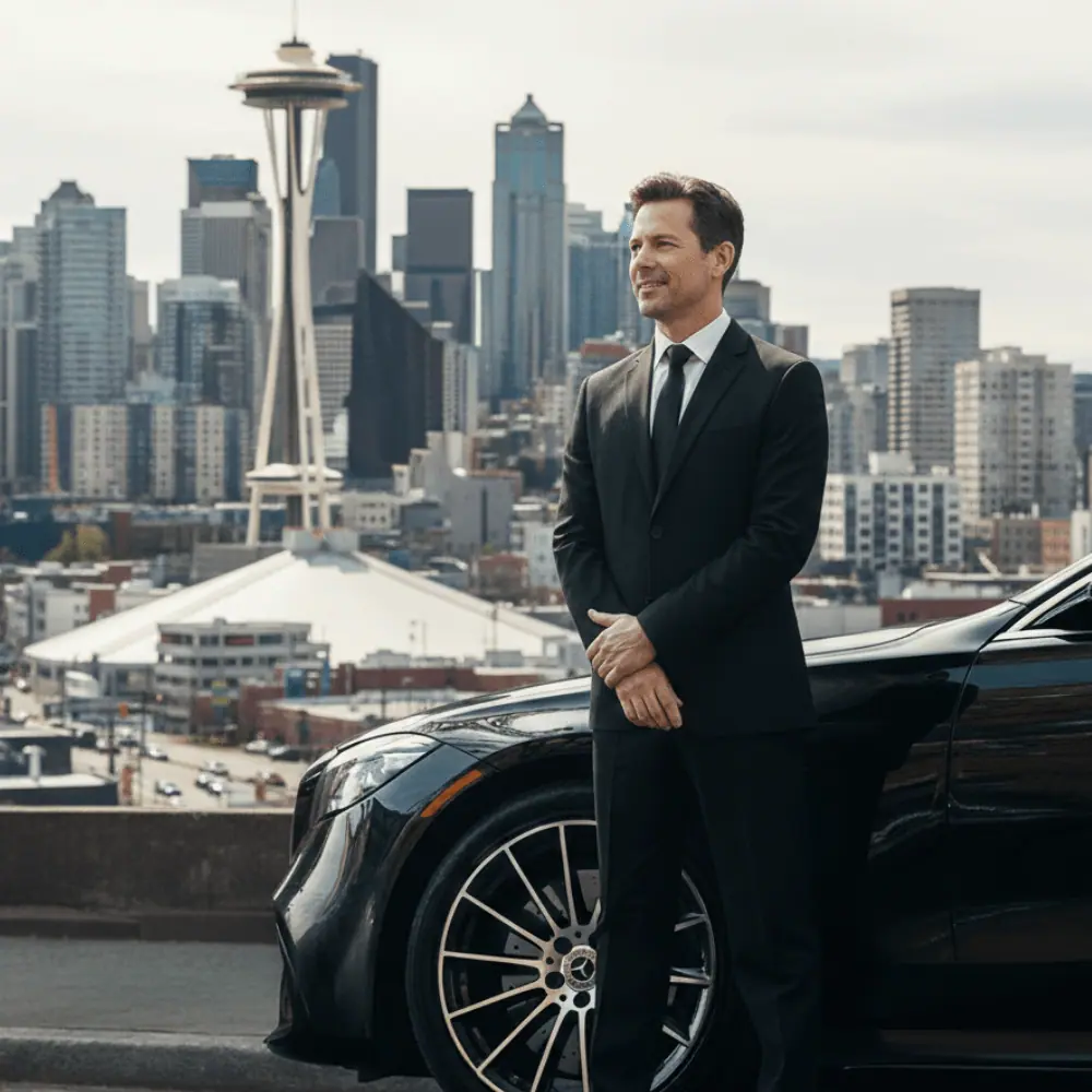 Professional chauffeur in a black suit standing beside a luxury sedan with the Seattle skyline and Space Needle in the background