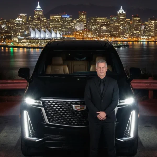 Professional chauffeur in a black suit standing in front of a black luxury SUV with the Vancouver city skyline at night in the distance