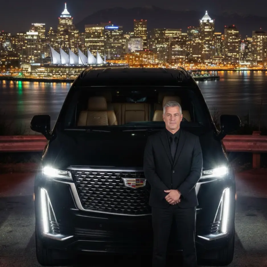 Professional chauffeur in a black suit standing in front of a black luxury SUV with the Vancouver city skyline at night in the distance