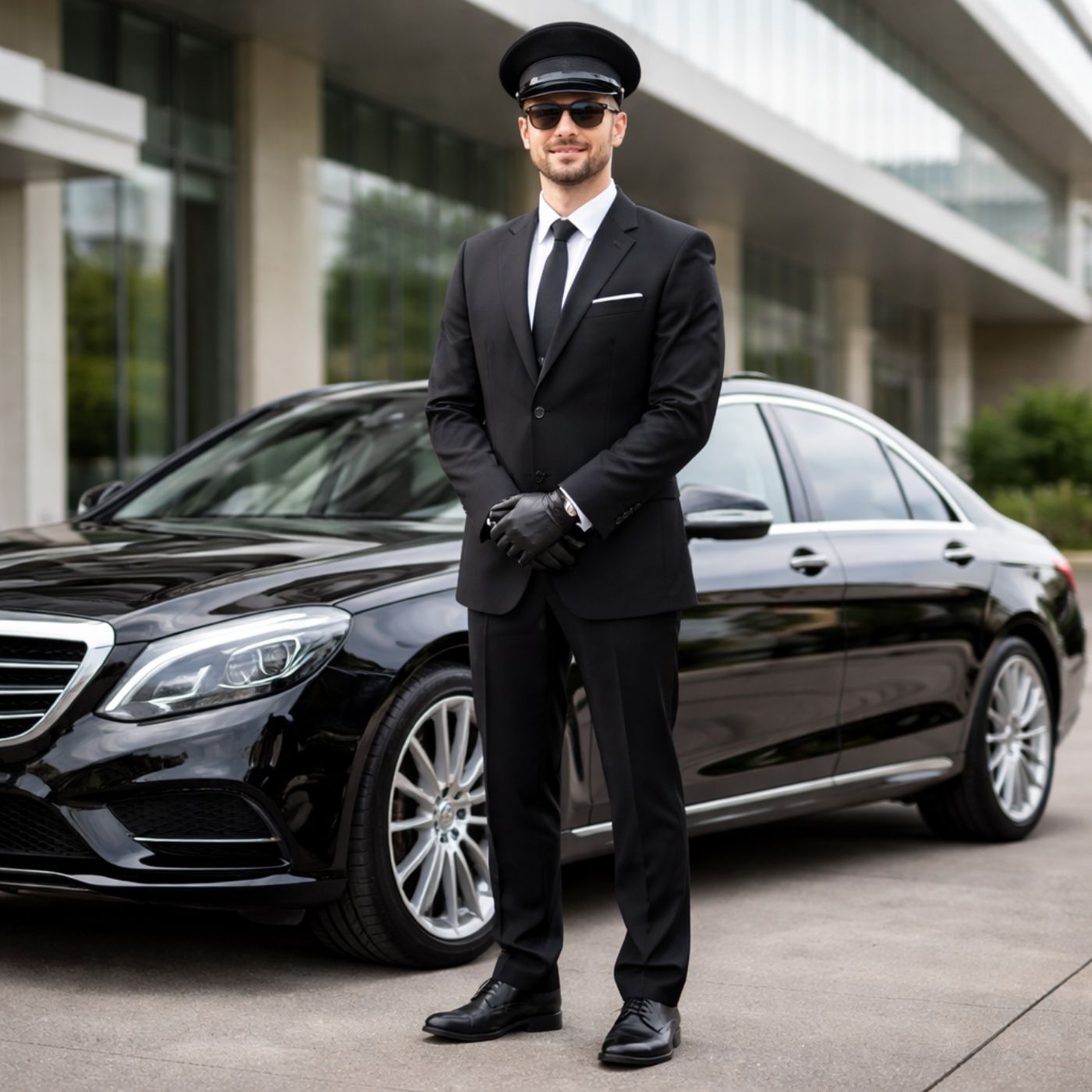 Professional chauffeur standing beside a luxury black sedan.