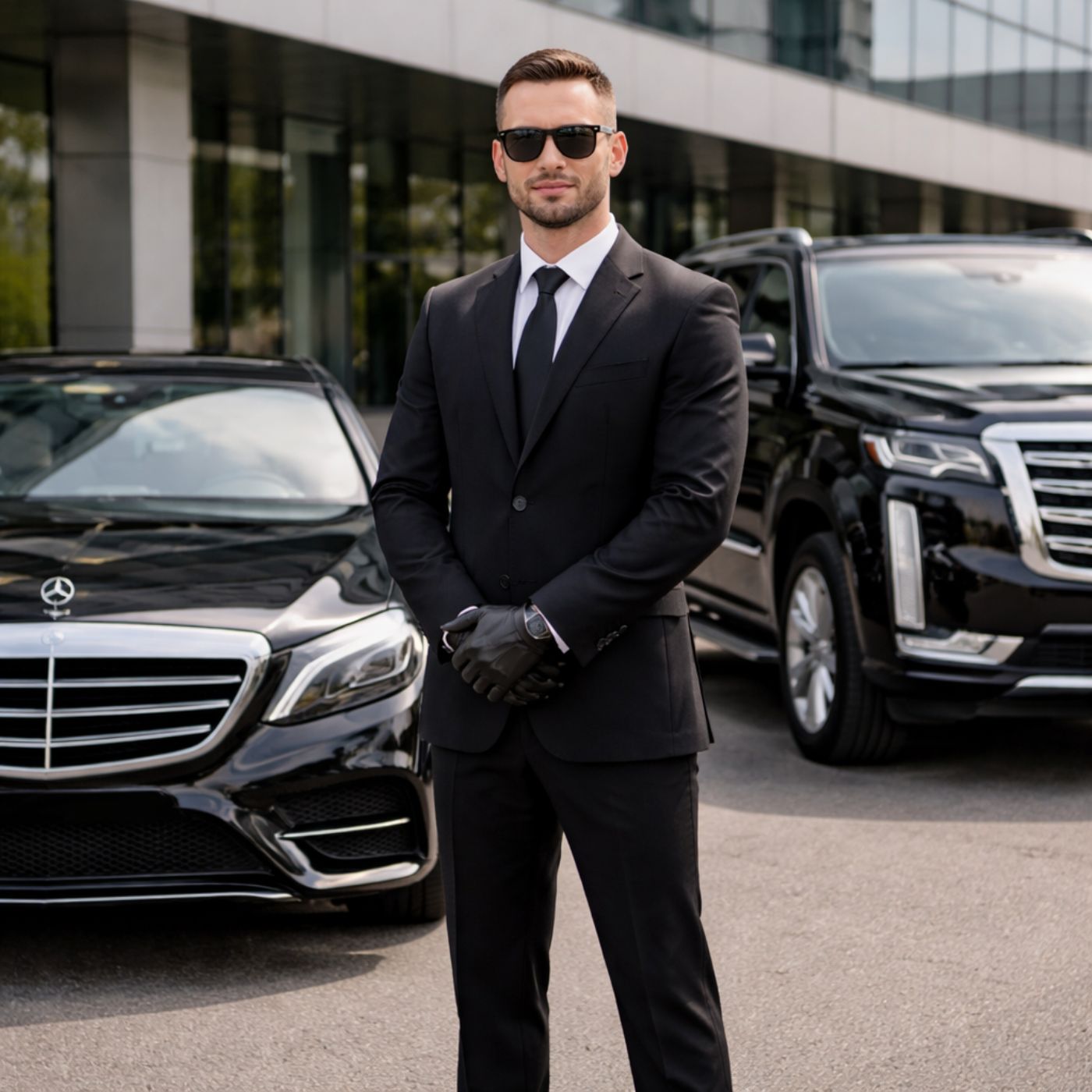 Professional chauffeur standing with luxury cars.