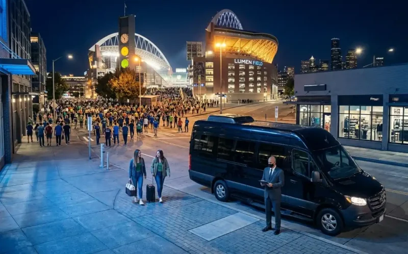 Chauffeur with luxury van near crowded Seattle stadium