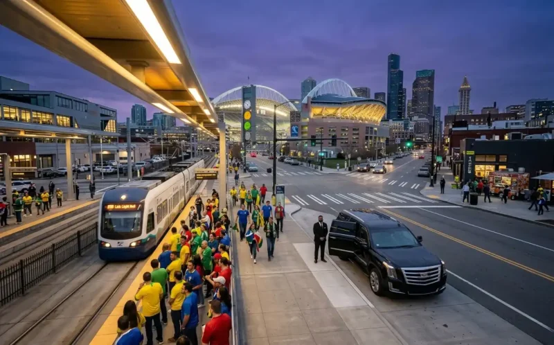 Light rail and luxury SUV near Seattle stadium