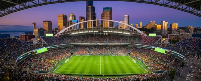 Packed football stadium at dusk, Seattle skyline background