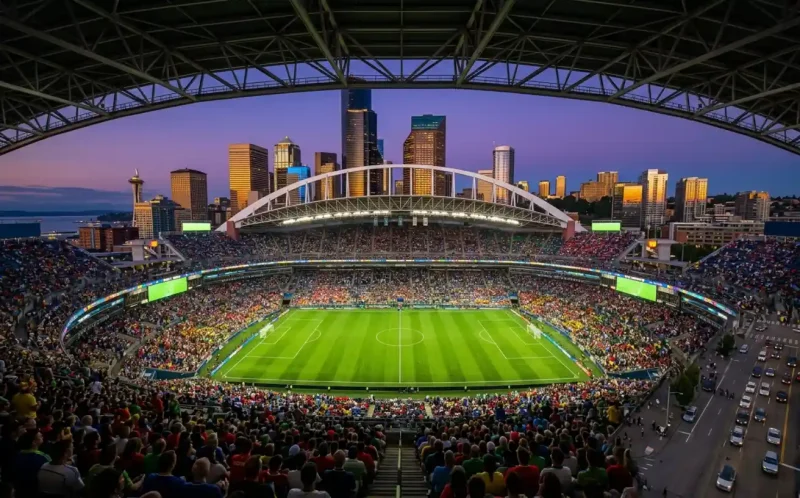 Packed football stadium at dusk, Seattle skyline background