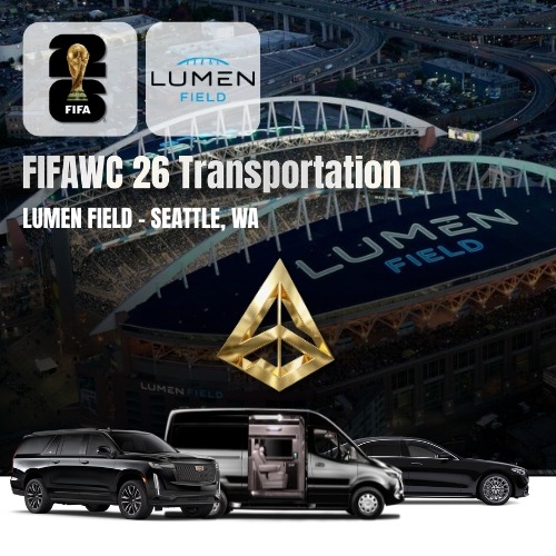Professional transportation fleet including a luxury SUV, sprinter van, and sedan parked in front of Lumen Field in Seattle for FIFA World Cup 2026