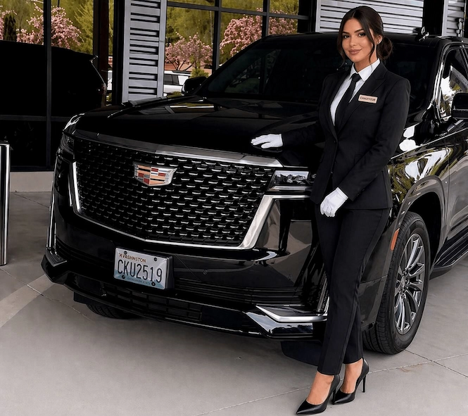 Seattle Black Limo town car service — professional chauffeur with luxury sedan at Sea-Tac Airport