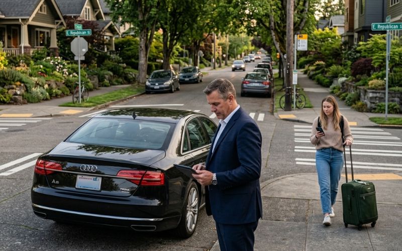 chauffeur checks tablet by black sedan in seattle