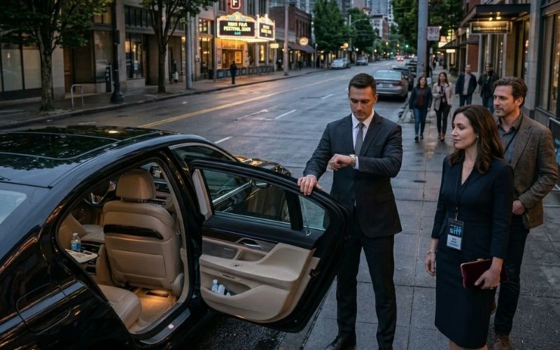chauffeur opens luxury car door for festival attendees