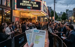hand holding film festival schedule outside theater entrance