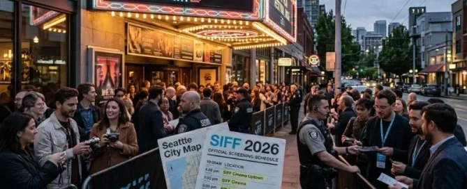 hand holding film festival schedule outside theater entrance